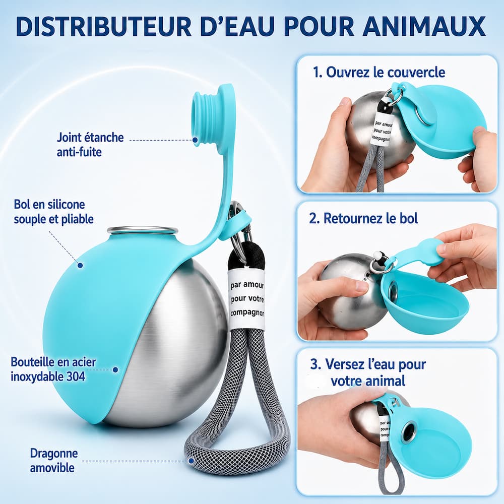 explication sur l'ouverture de la gourde ronde pour chien
