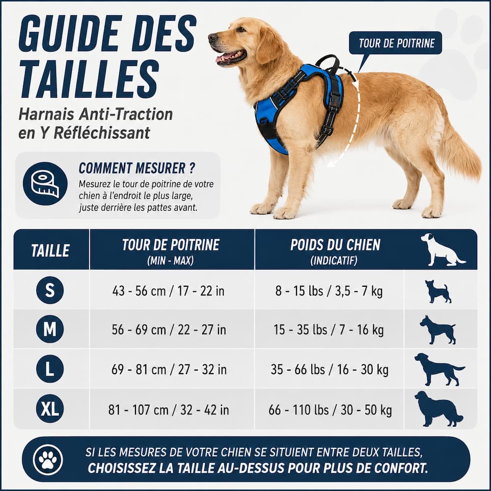 Guide des tailles du Harnais Anti-Traction en Y Réfléchissant du S au XL