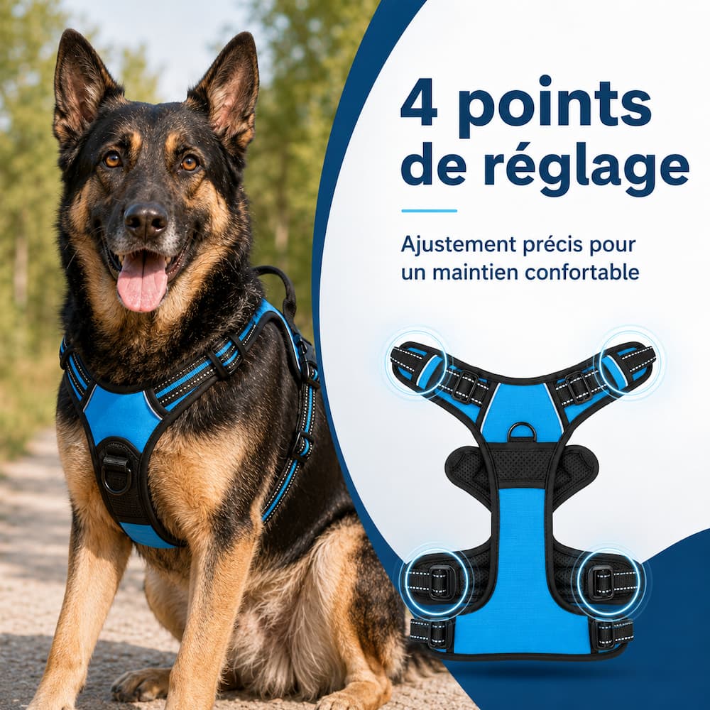 Harnais pour chien réglable avec 4 points de réglage pour un ajustement confortable