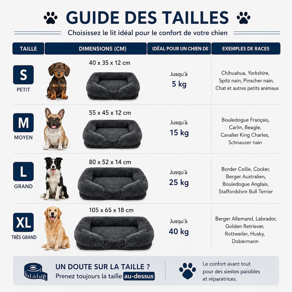 Guide des tailles du Lit Canapé pour Chien de S à XL
