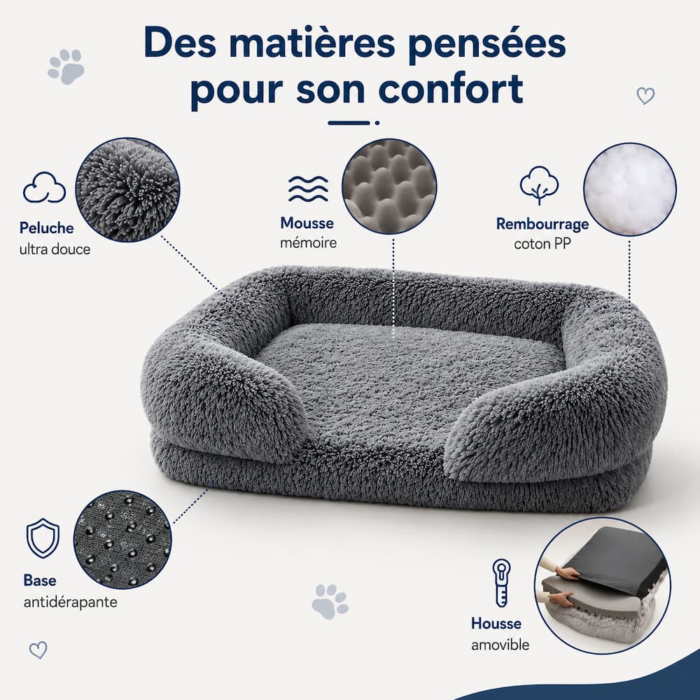 Lit Canapé pour Chien en peluche douce avec mousse et base antidérapante