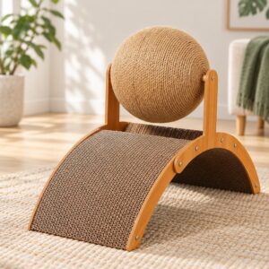 Griffoir pour chat en bois avec rampe en carton et boule en sisal.