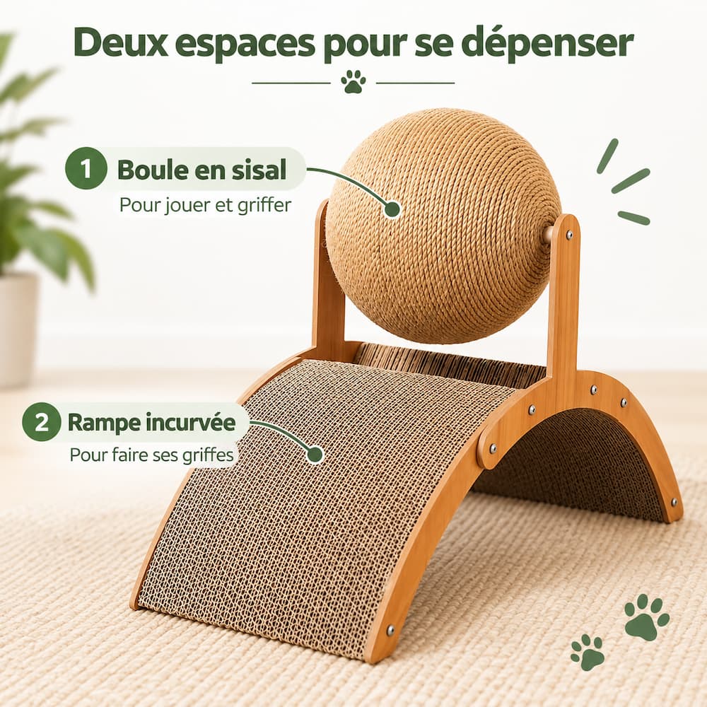 Griffoir pour chat en bois avec boule en sisal et rampe incurvée en carton.