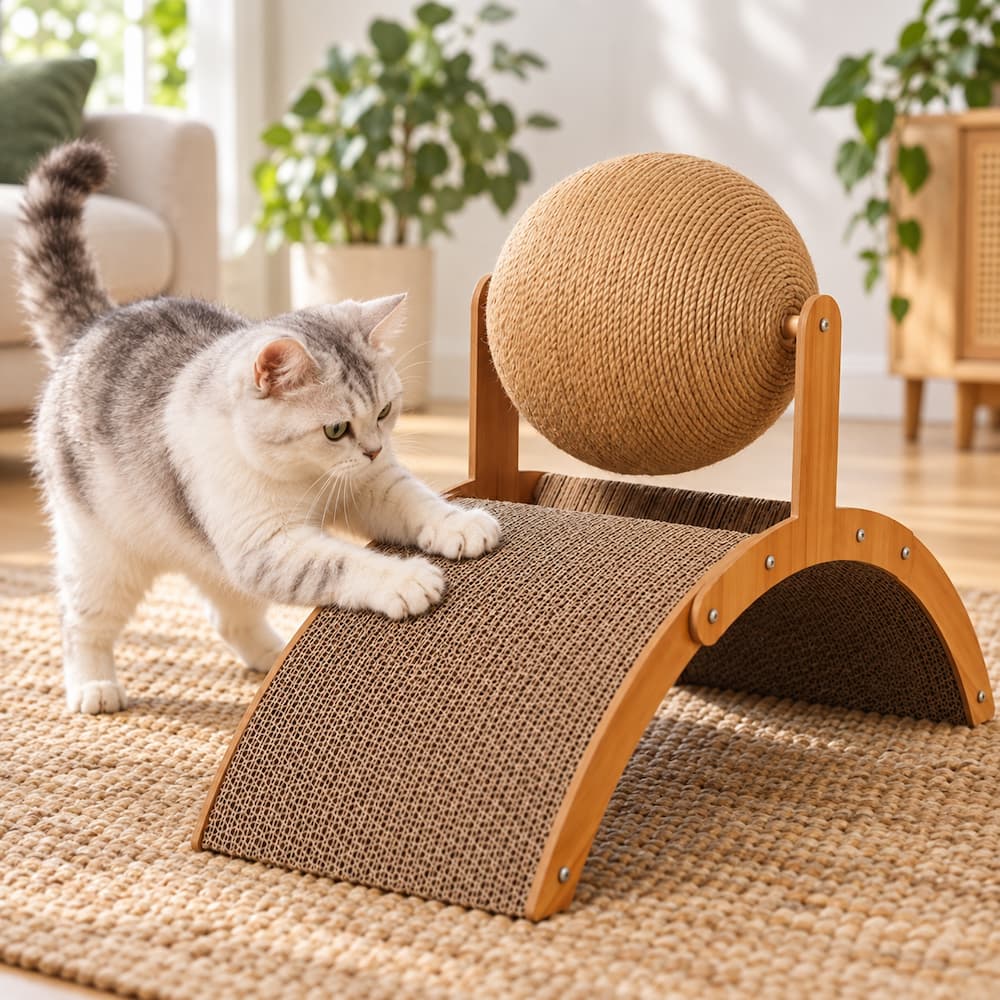 Chat faisant ses griffes sur la rampe d’un griffoir pour chat en bois.