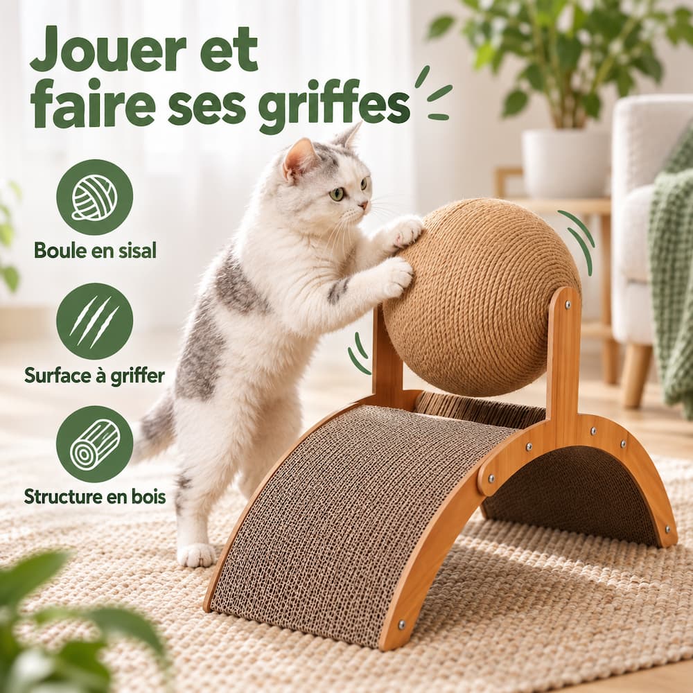 Chat jouant avec la boule en sisal d’un griffoir pour chat en bois.