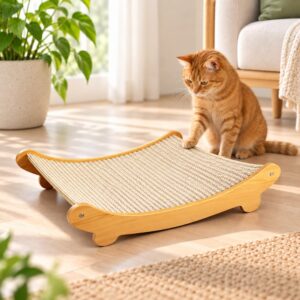 Chat roux près d’un griffoir hamac pour chat en bois et sisal