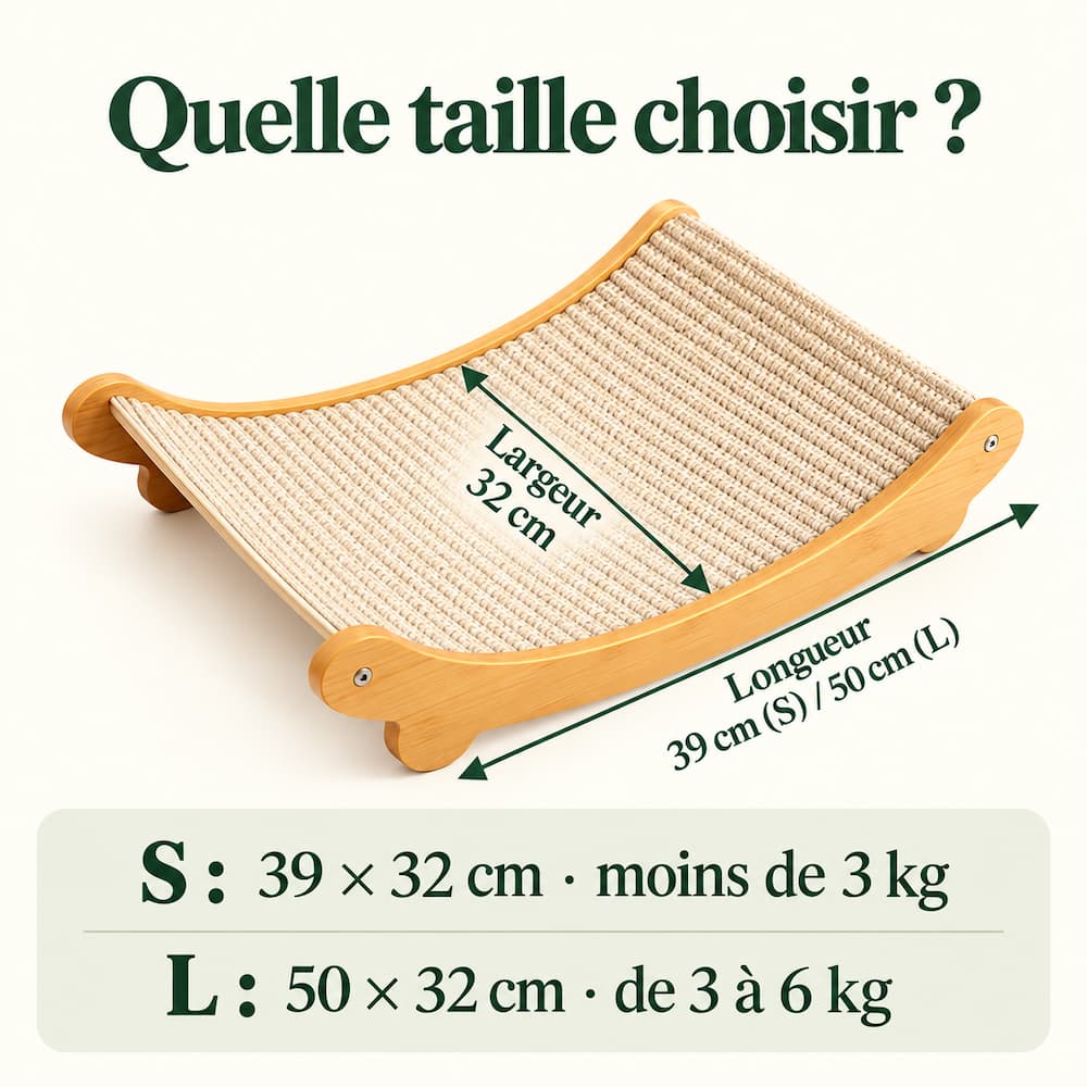 Dimensions du griffoir hamac pour chat : S 39 × 32 cm et L 50 × 32 cm