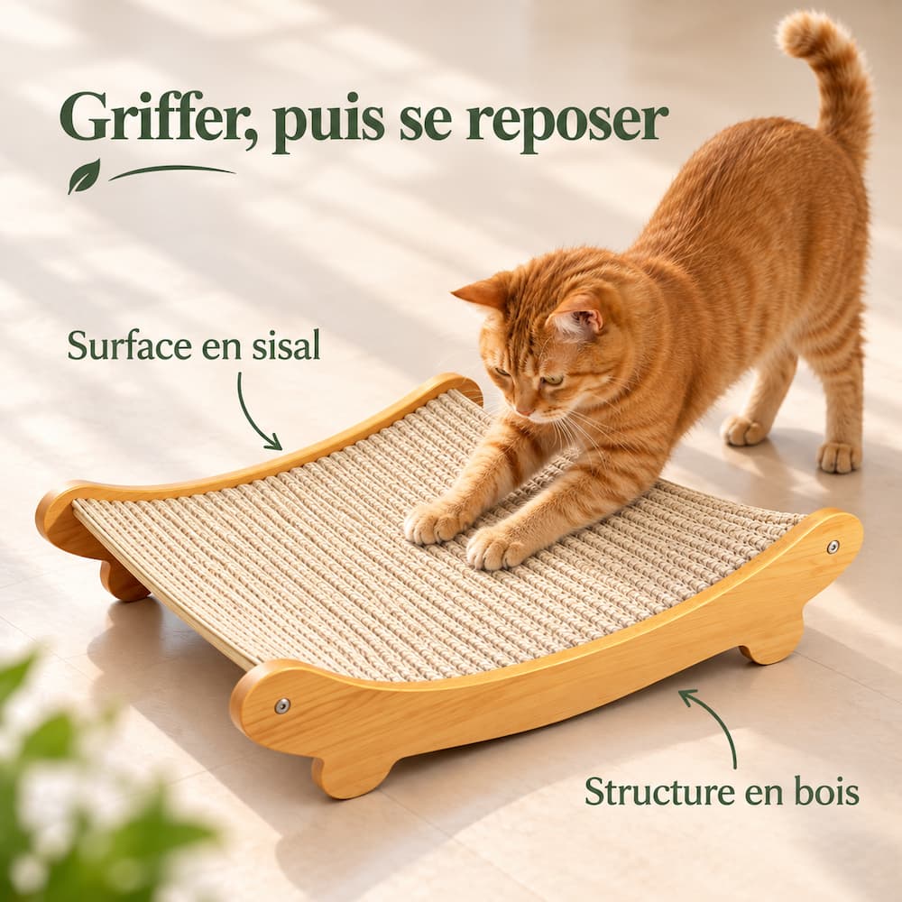 Chat roux faisant ses griffes sur la surface en sisal du griffoir hamac