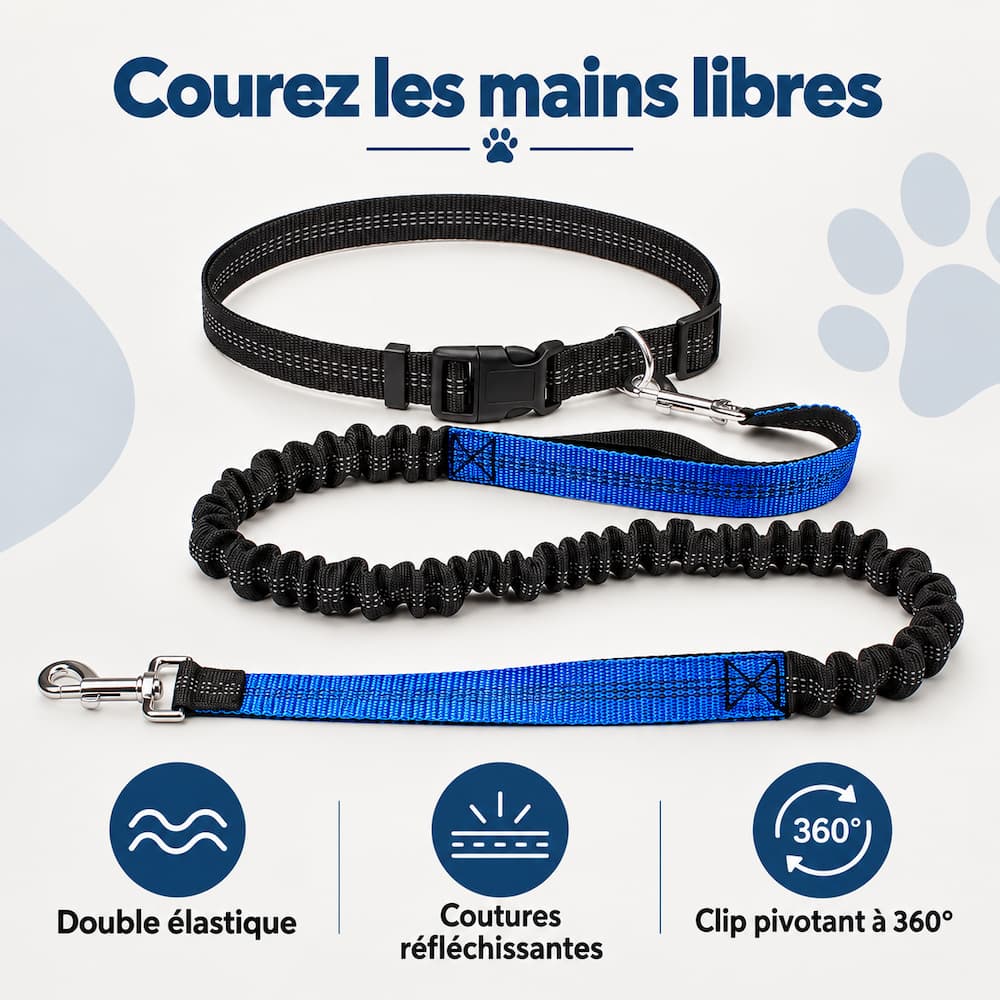 Laisse ceinture chien bleue avec double élastique, coutures réfléchissantes et clip pivotant