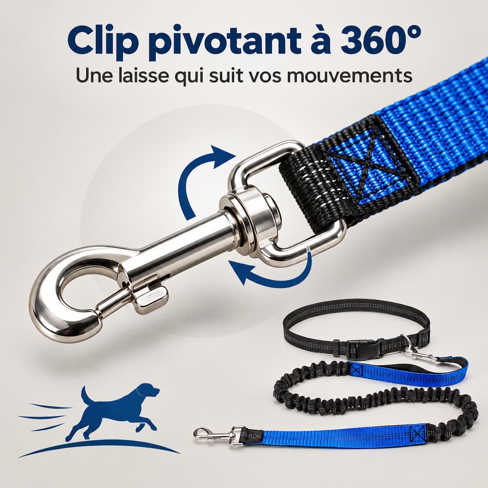 Clip pivotant à 360 degrés d’une laisse ceinture chien bleue pour accompagner les mouvements
