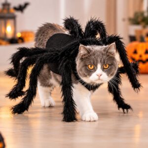 Chat gris et blanc portant un déguisement chat araignée noir à 8 pattes velues