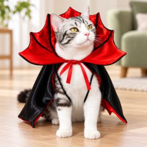 Chat tigré et blanc portant un déguisement de vampire avec une cape noire et un grand col rouge.
