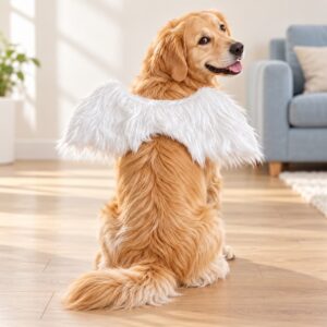 Golden retriever portant un déguisement pour chien avec des ailes d’ange blanches