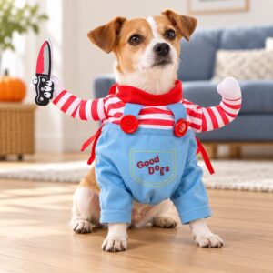 Jack Russell portant un déguisement chien poupée tueuse avec une salopette bleue, des bras factices et un faux couteau