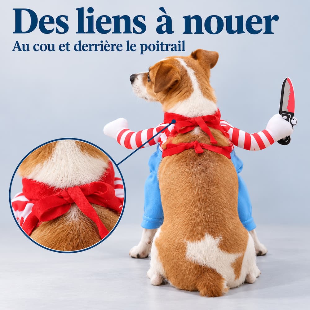 Déguisement chien poupée tueuse vu de dos, avec des liens rouges à nouer au cou et derrière le poitrail