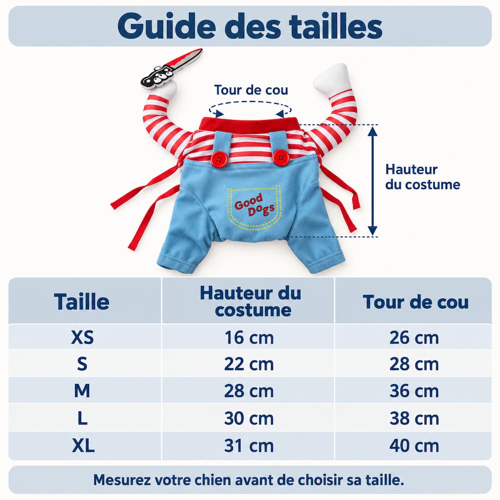 Guide des tailles du déguisement chien poupée tueuse, avec la hauteur du costume et le tour de cou pour chaque taille