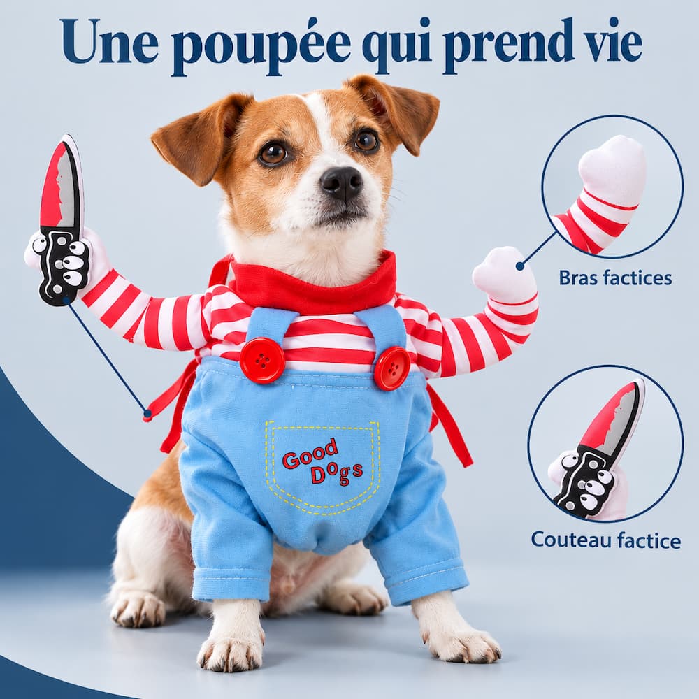 Déguisement chien poupée tueuse porté par un Jack Russell, avec gros plans sur les bras et le couteau factices