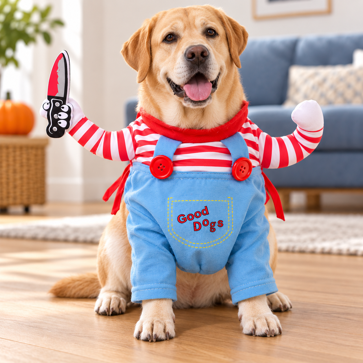 Labrador portant un déguisement chien poupée tueuse avec salopette bleue, bras factices et faux couteau