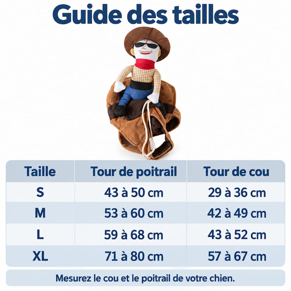 Guide des tailles du déguisement chien cowboy, avec les tours de poitrail et de cou pour les tailles S, M, L et XL.