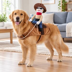 Golden retriever portant un déguisement chien cowboy avec une selle marron et un cavalier en peluche sur le dos